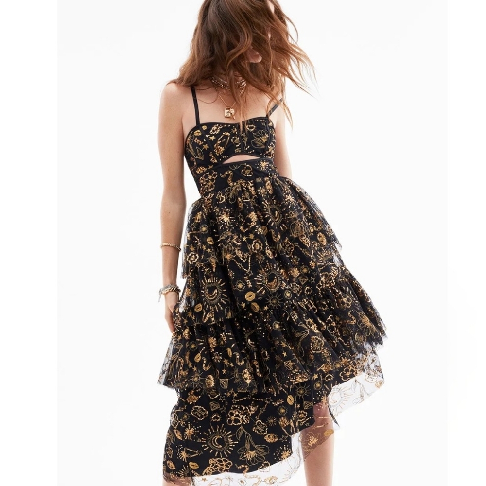 Betsey Johnson Black & Gold Tiered Midi Dress